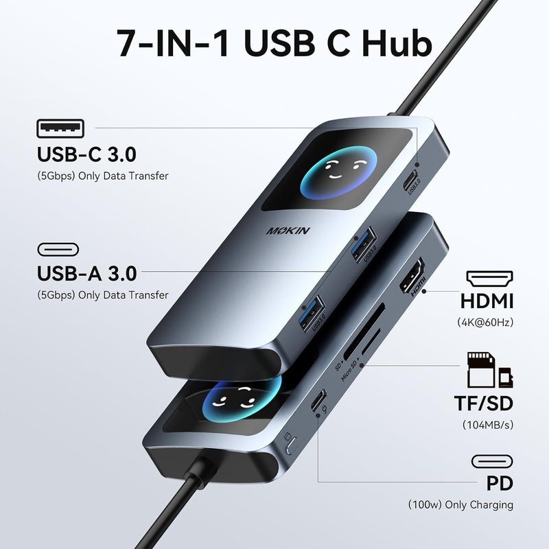 Mokin 7 in 1 USB C Hub, 4K@60Hz Smart LED Docking Station with HDMI,PD 100W,2*USB A 3.0,USB C 3.0,SD/TF Card Reader,Monitor Adapter for MacBook/Dell/HP/Lenovo - Image 2